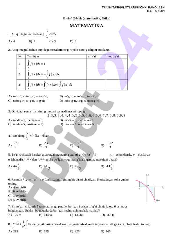 Matematika sinfi 11 test savollari