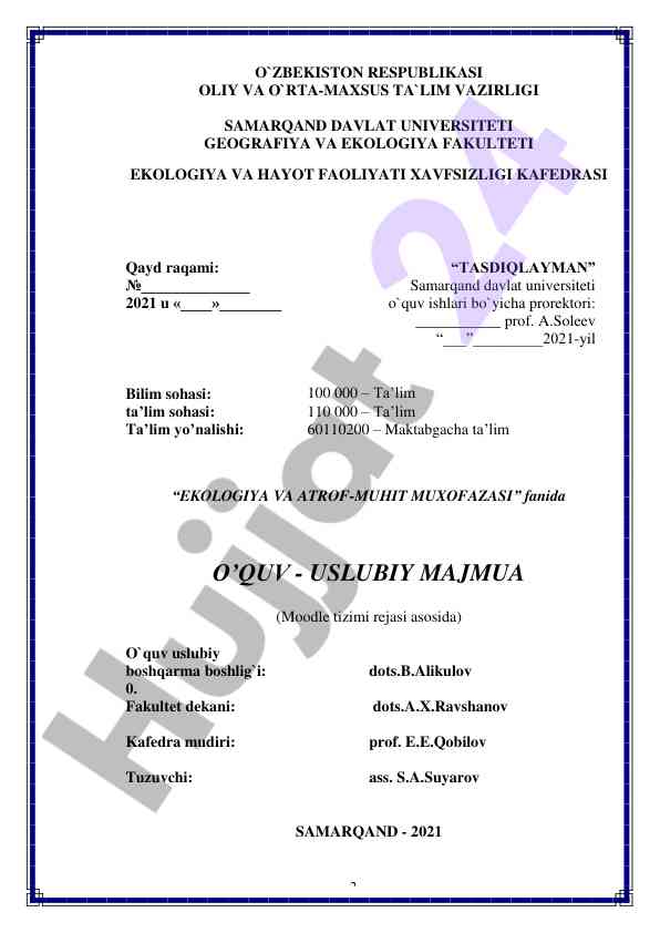 Ekologiya va atrof-muhit muxofazasi uslubiy majmua