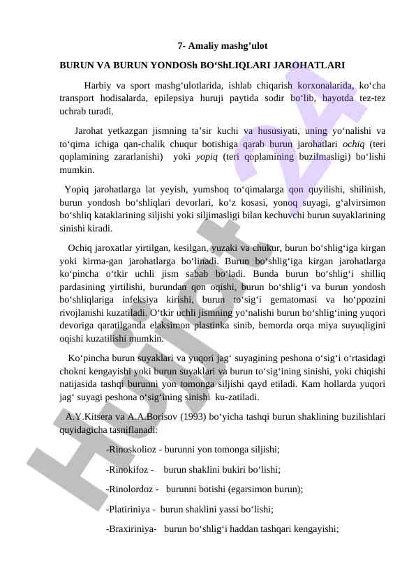 Burun va burun yondosh bo‘shliqlari jarohatlari tahlili