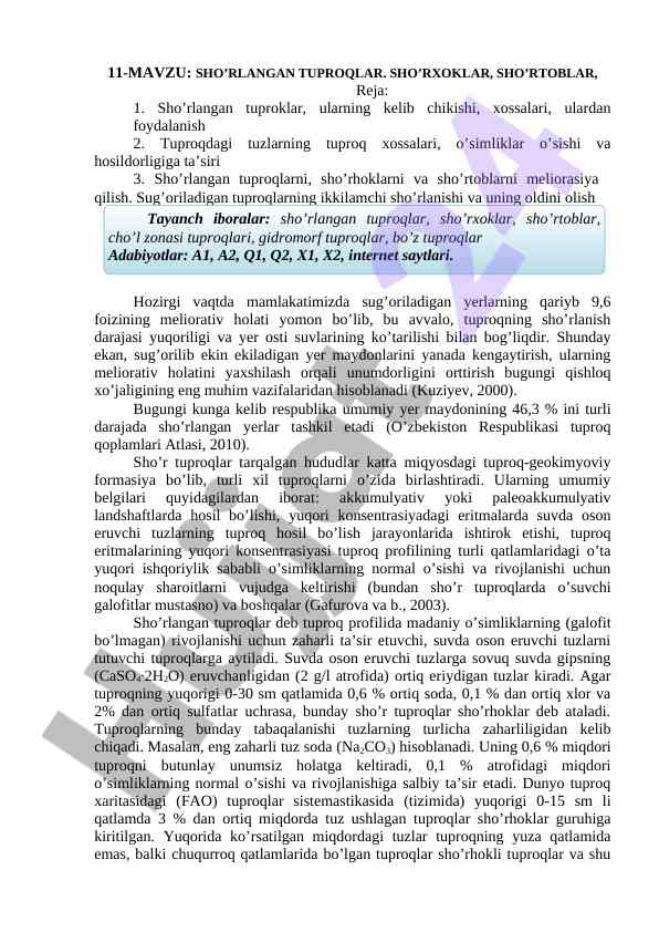 Sho'rlangan tuproqlar va ularning xossalari