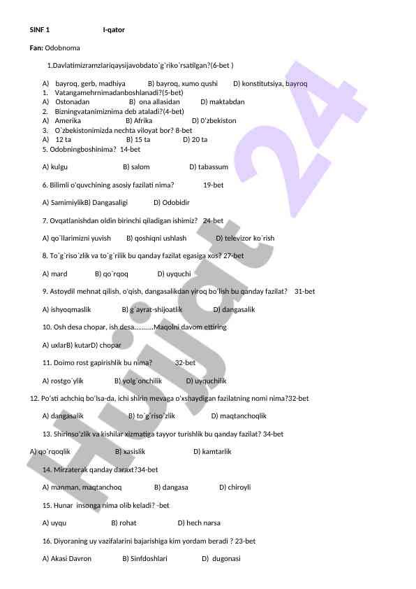 Odobnoma fan bo'yicha test savollari