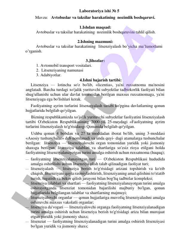 Avtobuslar va taksilar harakatining nozimlik boshqaruvi