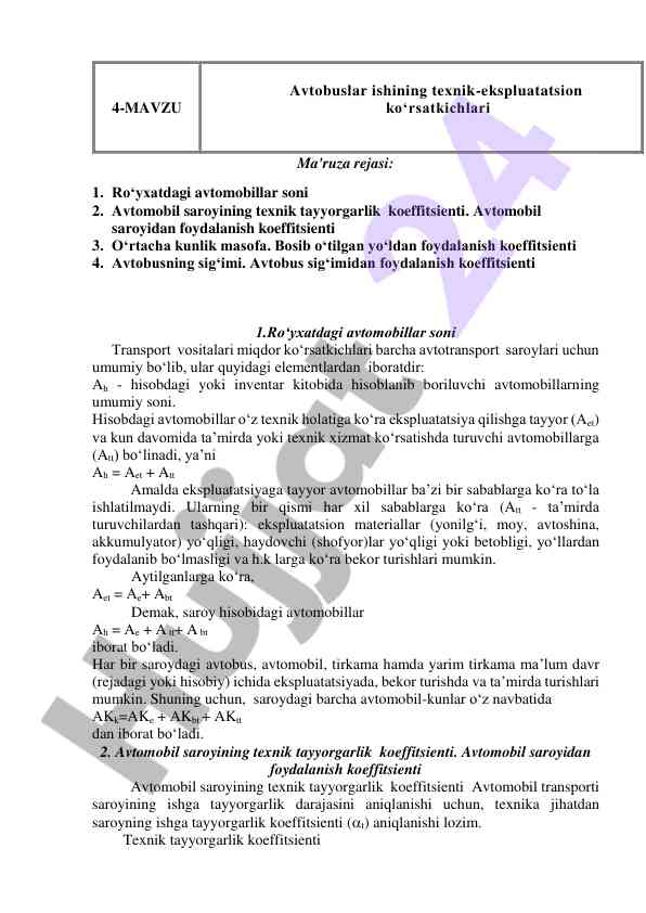 Avtobuslar texnik-ekspluatatsion ko‘rsatkichlari ma'ruzasi