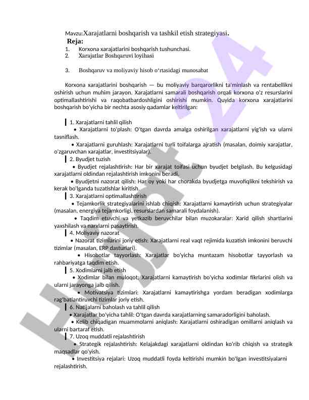Xarajatlarni boshqarish va tashkil etish strategiyasi