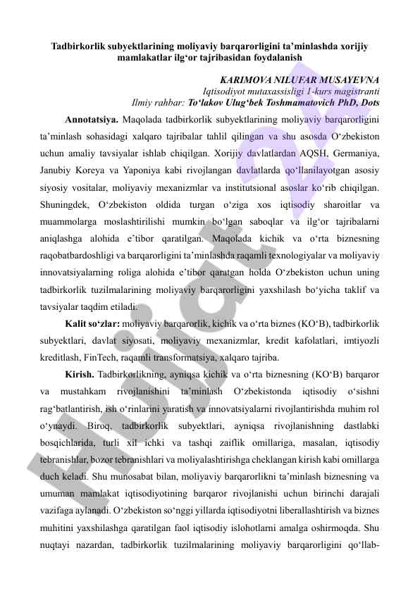 Tadbirkorlik subyektlarining moliyaviy barqarorligi