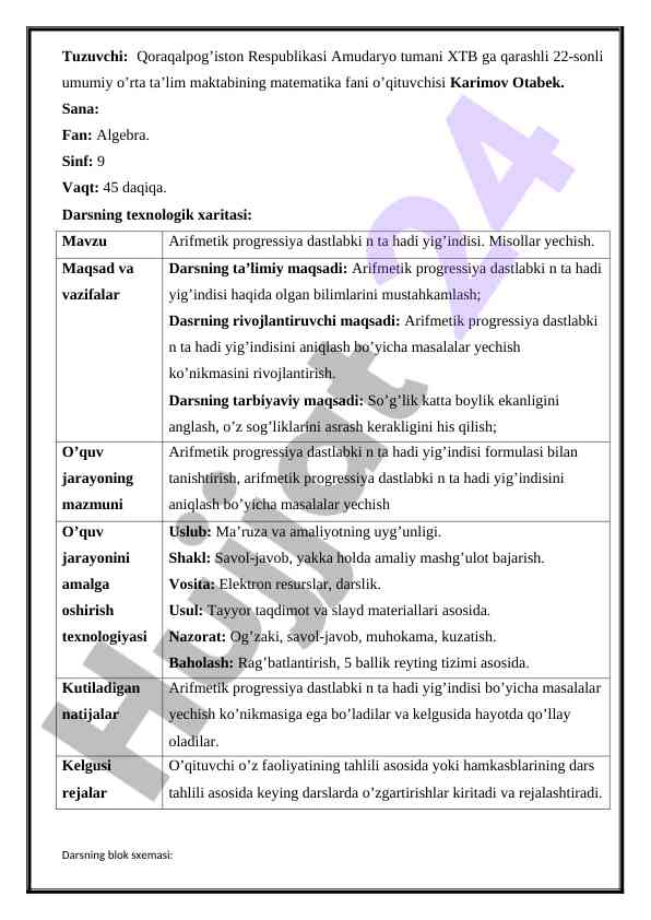 Algebra arifmetik progressiya yig'indilari dars ishlanmasi