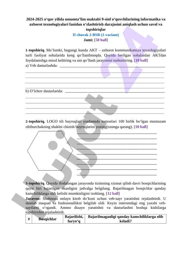 Informatika va axborot texnologiyalari savollari 2025