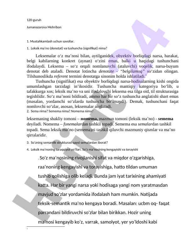 Leksik ma'no va tushuncha haqida savollar