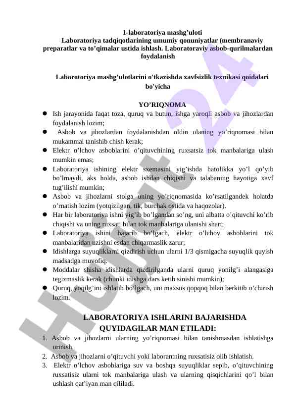 Laboratoriya mashg'ulotlari xavfsizlik qoidalari