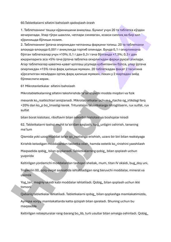 Tabletkalarni sifatini baholash usullari