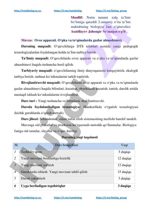 Ovoz apparati va gazlar almashinuvi dars ishlanmasi