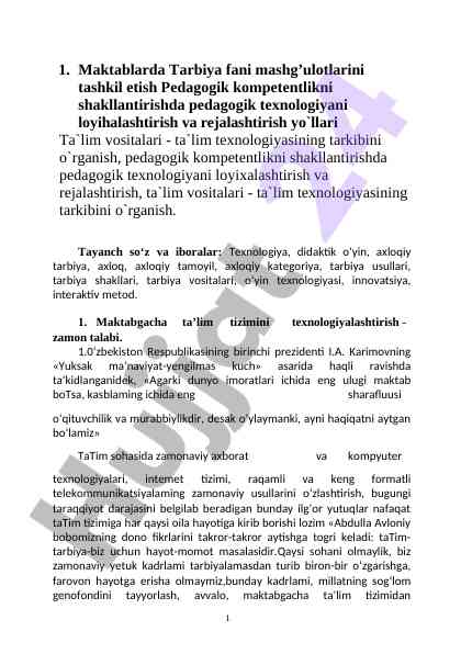 Maktablarda tarbiya fani mashg‘ulotlarini tashkil etish
