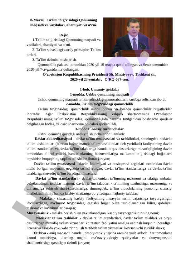Ta’lim to‘g‘risidagi qonunning maqsadi va vazifalari