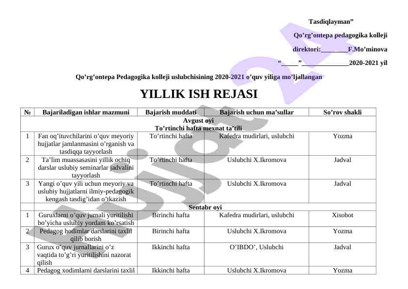 Yillik ish rejasi 2020-2021 o‘quv yili uchun