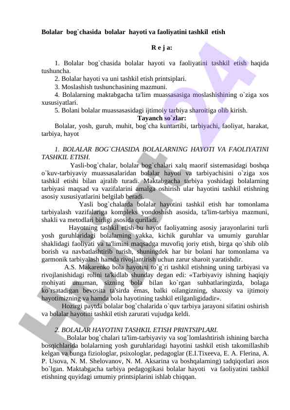 Bolalar bog‘chasida hayot va faoliyatni tashkil etish