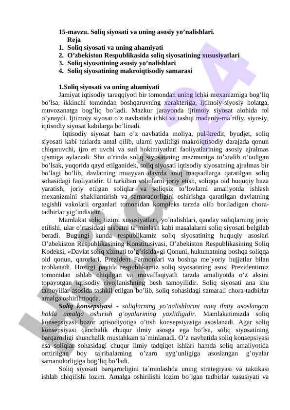 Soliq siyosati va uning asosiy yo’nalishlari