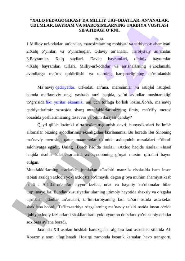 Xalq pedagogikasida milliy urf-odatlar va bayramlar