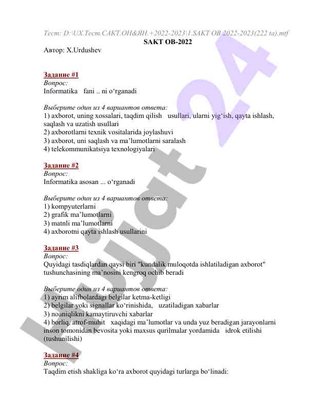 Informatika faniga oid test savollari