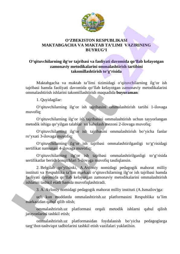Zamonaviy metodikalar o‘qituvchi tajribasini ommalashtirish