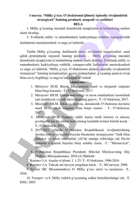 Milliy g’oya: o’zbekistonni rivojlantirish strategiyasi