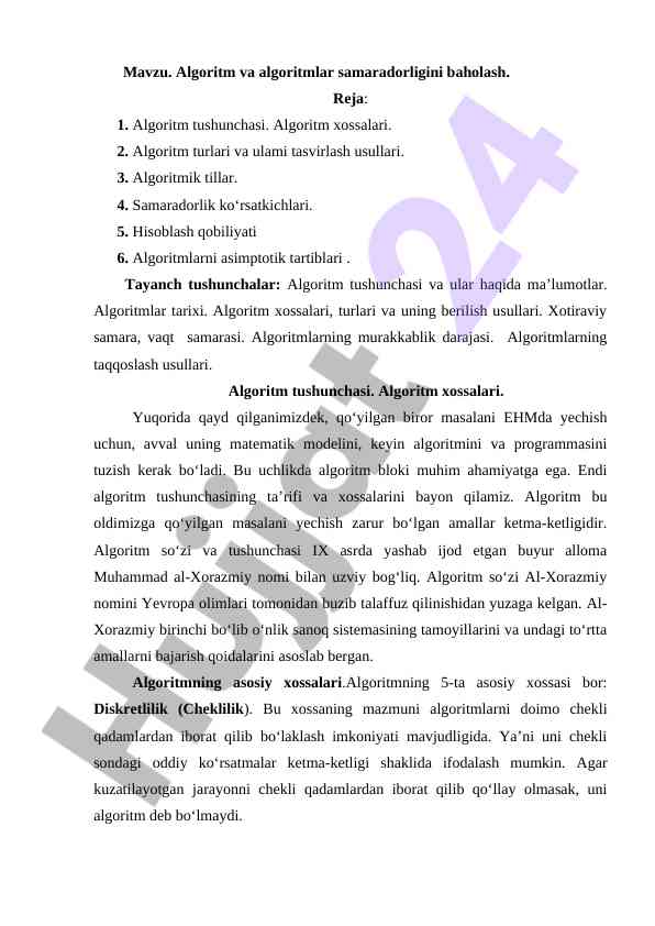 Algoritm va algoritmlar samaradorligini baholash