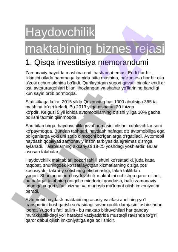 Haydovchilik maktabining biznes rejasi va investitsiya