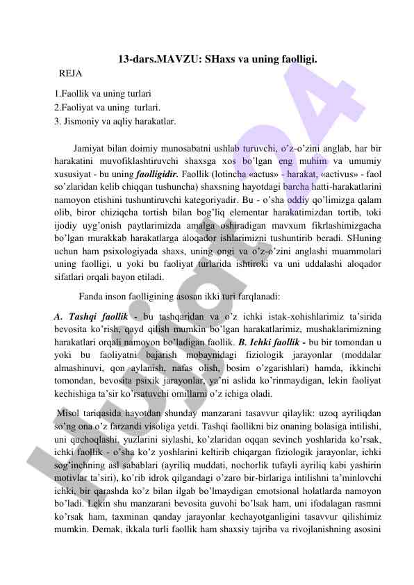 Shaxs va uning faolligi haqida dars ishlanmasi