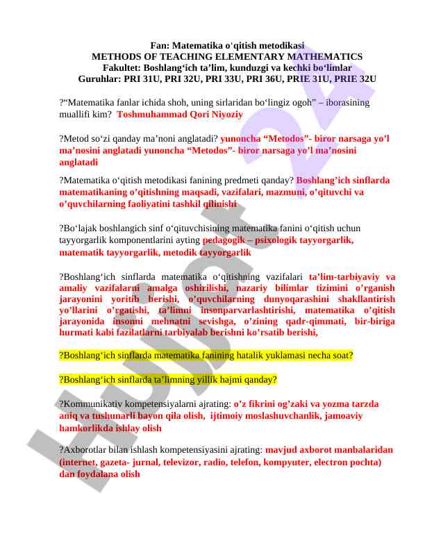 Metodikasi o‘qitish boshlang‘ich matematika fanlar
