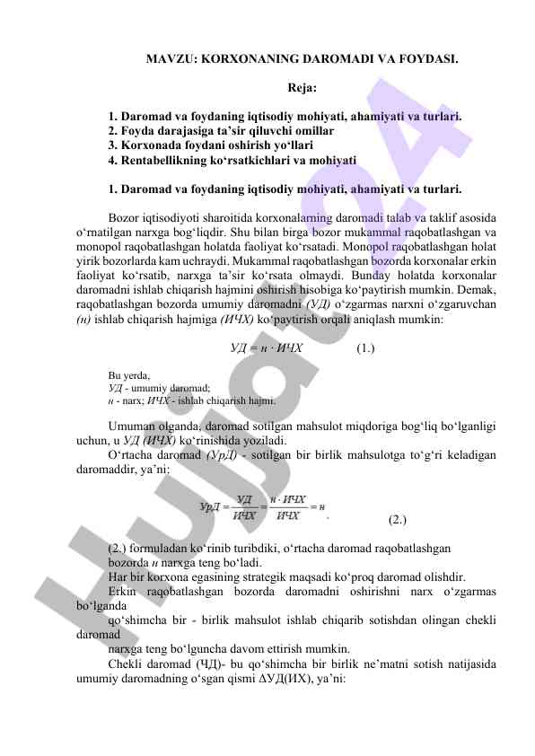Korxonaning daromadi va foydasi tahlili