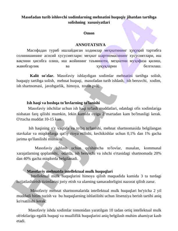 Masofadan turib ishlovchi xodimlar mehnatini tartibga solish