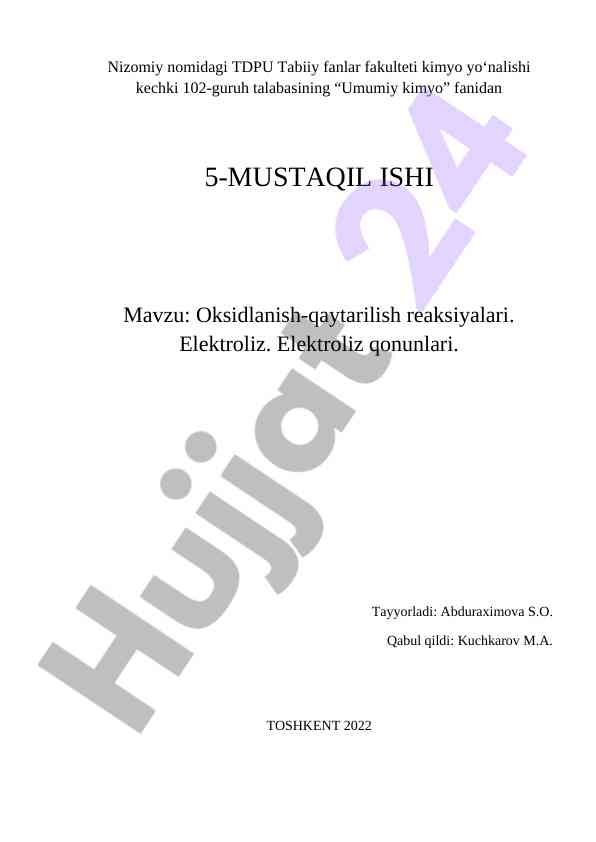 Oksidlanish-qaytarilish reaksiyalari va elektroliz