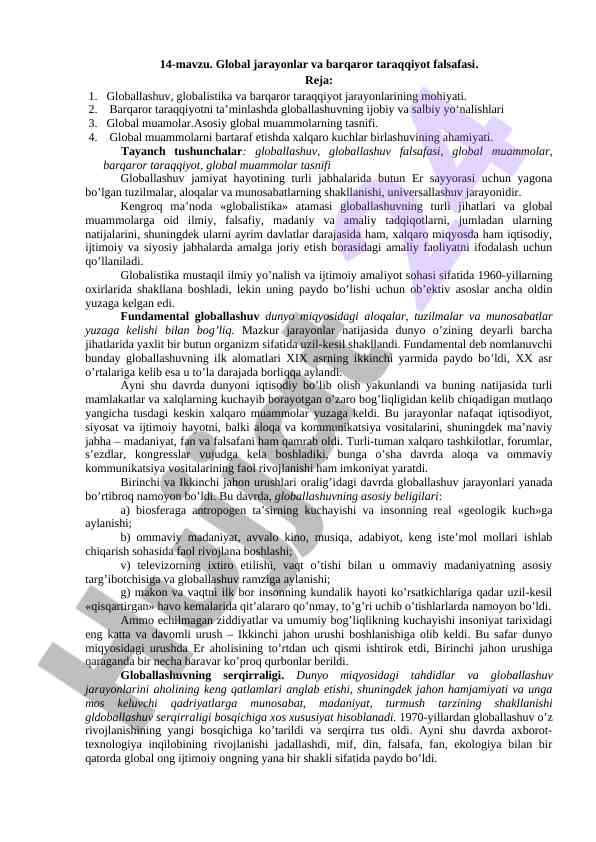 Global jarayonlar va barqaror taraqqiyot falsafasi