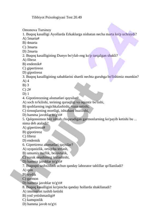 Tibbiyot psixologiyasi test savollari va javoblari