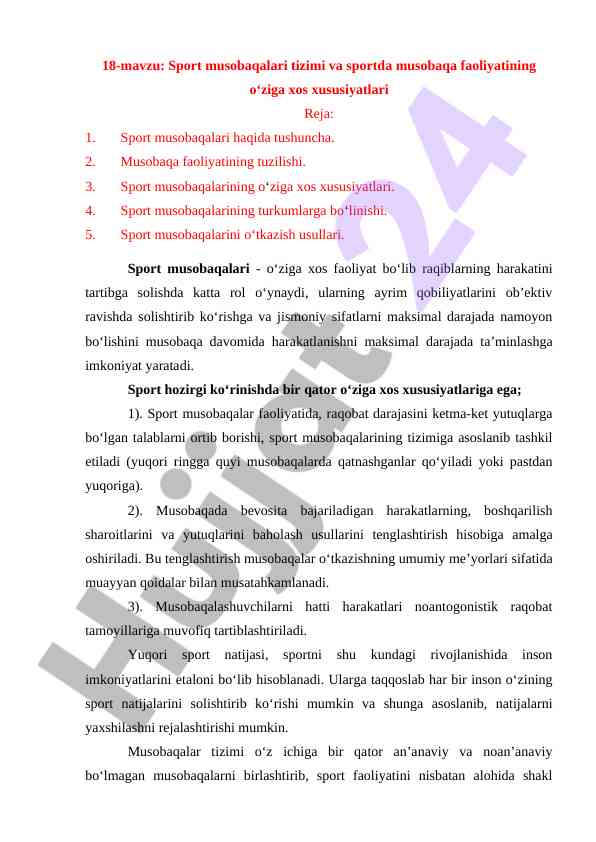 Sport musobaqalari tizimi va faoliyatining xususiyatlari