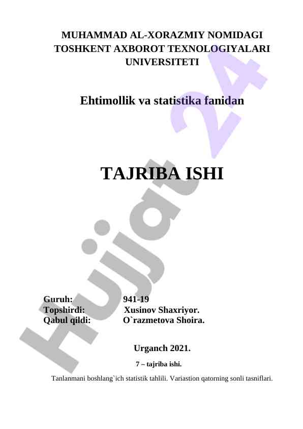 Statistika fanidan tajriba ishining tahlili