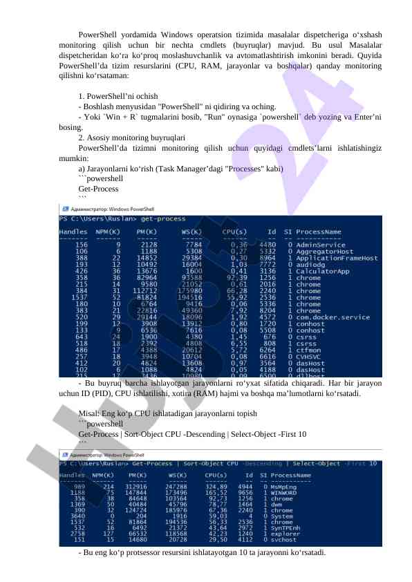 Powershell bilan tizim resurslarini monitoring qilish