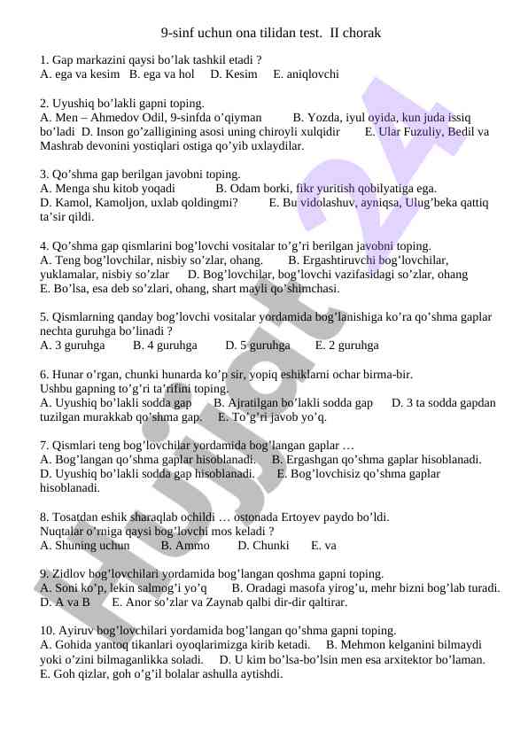 9-sinf ona tilidan test ii chorak