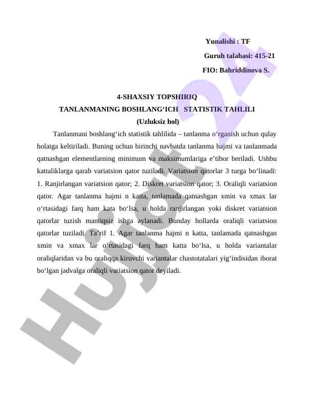Boshlangʻich statistik tahlil yondashuvlari