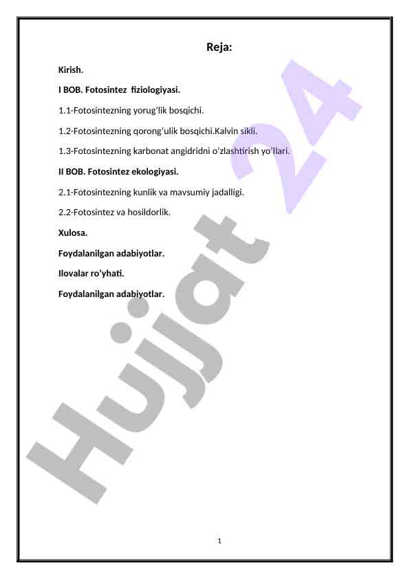 Fotosintez fiziologiyasi va ekologiyasi tahlili