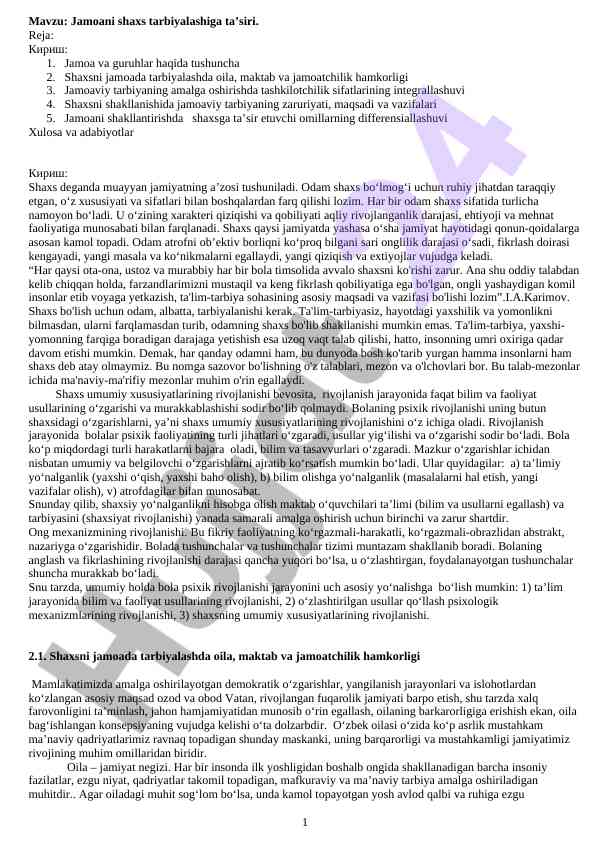 Jamoani shaxs tarbiyalashiga ta'siri