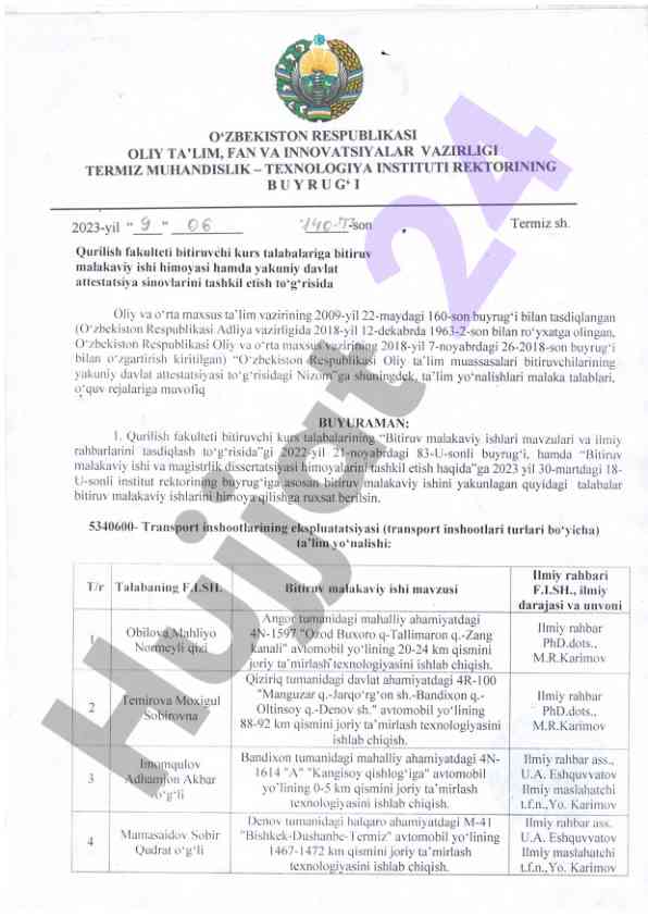 Qurilish fakulteti bitiruv malakaviy ishi ko'rsatmalari