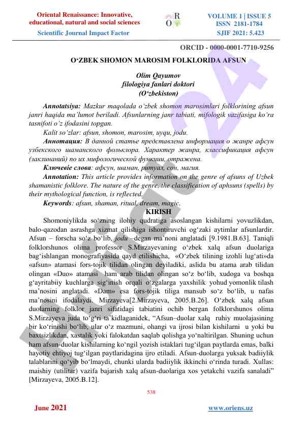 O‘zbek shomon marosim folklorida afsun janri