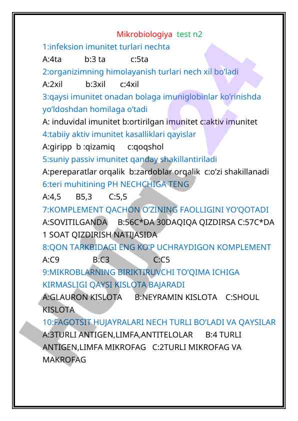 Mikrobiologiya testi n2 infeksion imunitet turlari