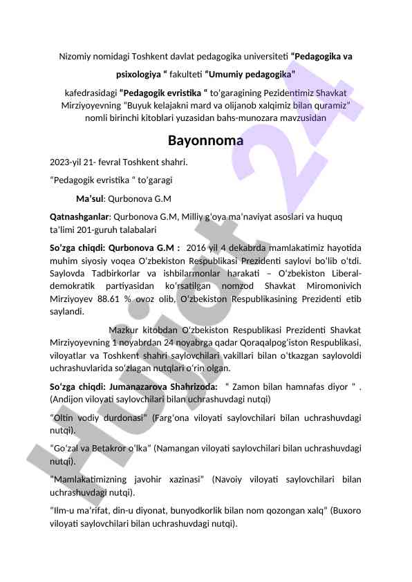 Pedagogik evristika bayonnoma 2023-yil 21-fevral