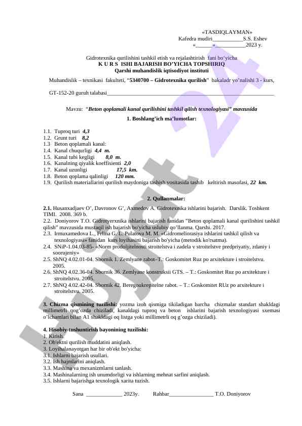 Beton qoplamali kanal qurilishini tashkil qilish texnologiyasi