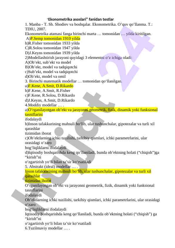 Ekonometrika asoslari fanidan testlar