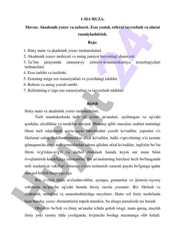 Akademik yozuv va axborot to‘g‘risida ma’ruzalar
