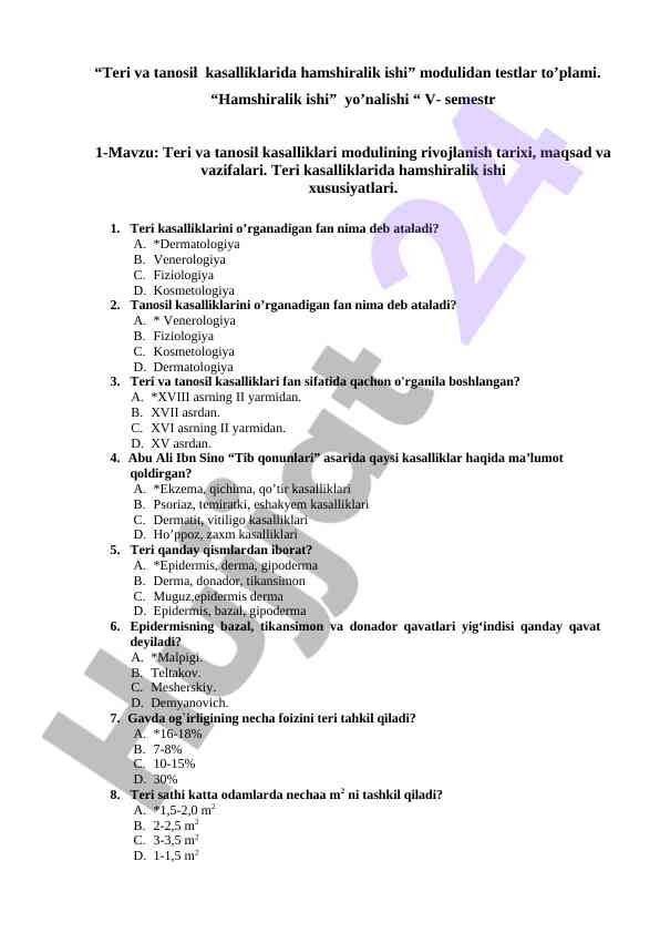 Teri va tanosil kasalliklarida hamshiralik ishi testlar