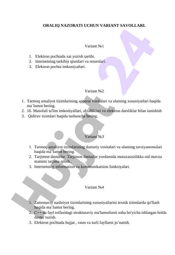 Oraliq nazorati uchun variant savollari