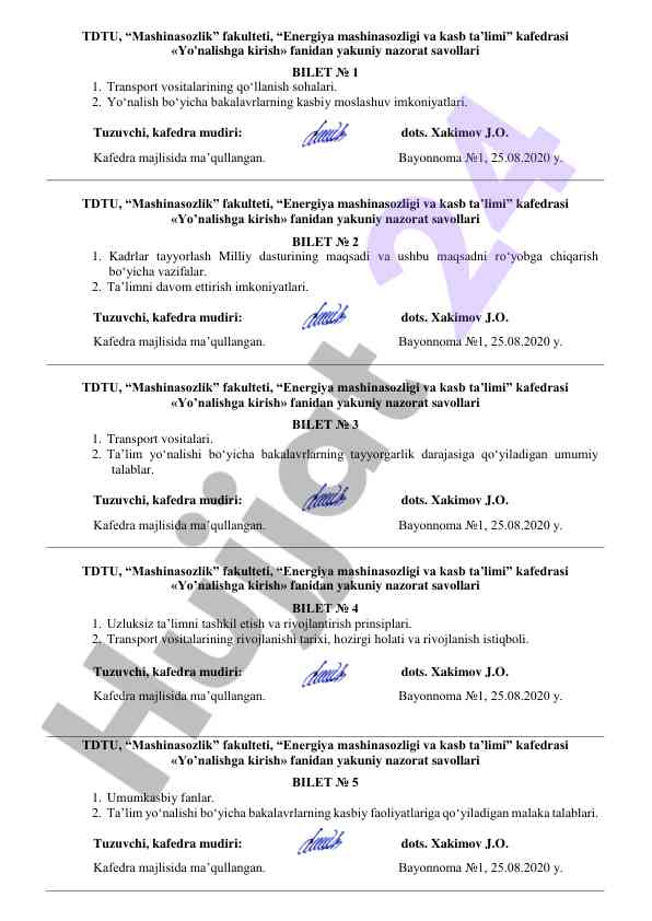 Oliy ta’lim nazorat savollari yo‘nalishga kirish